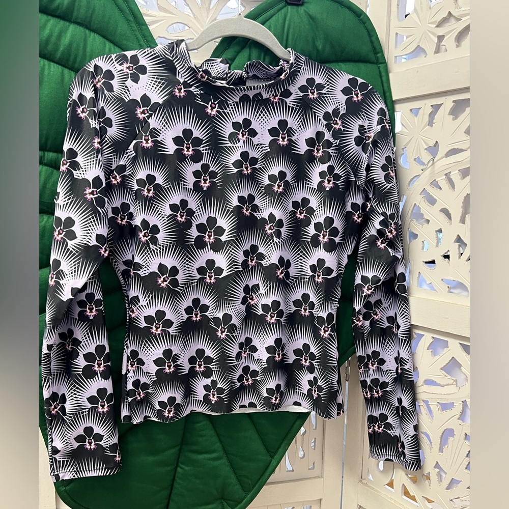 “Acacia” modern Pacific print black orchid rash guard long sleeve top.